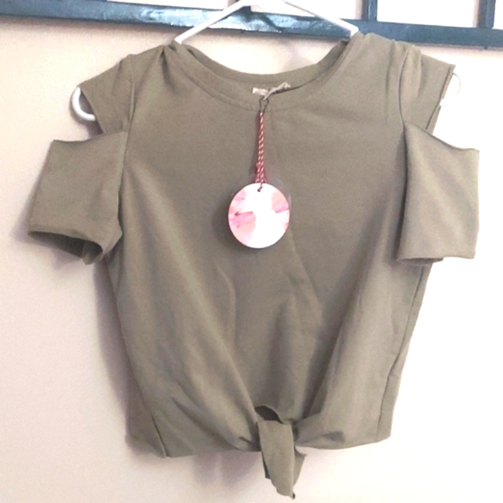 Hayden Los Angeles Girls Front Tie Knit Cut-out Green T-Shirt Sz 9/10 Nwt